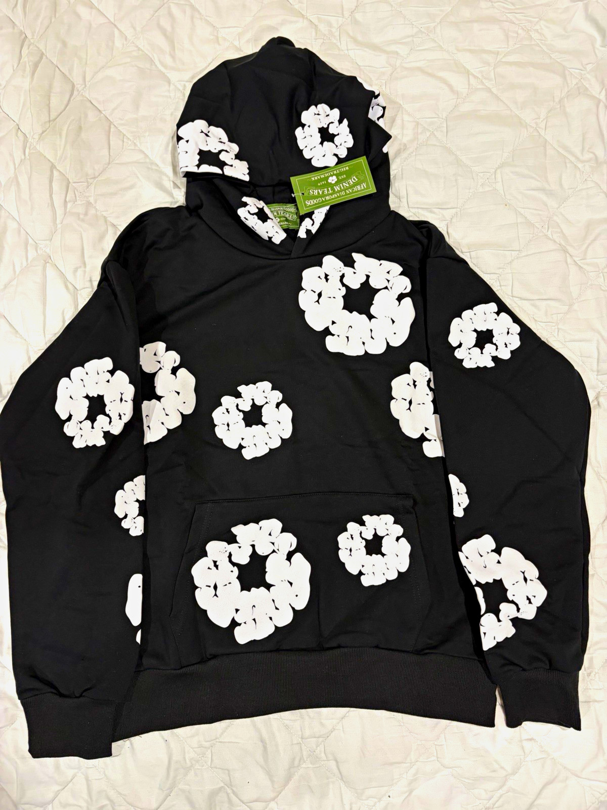 Denim Tears Men\'s M Black Pullover Hoodie White Graphic Print Pockets
