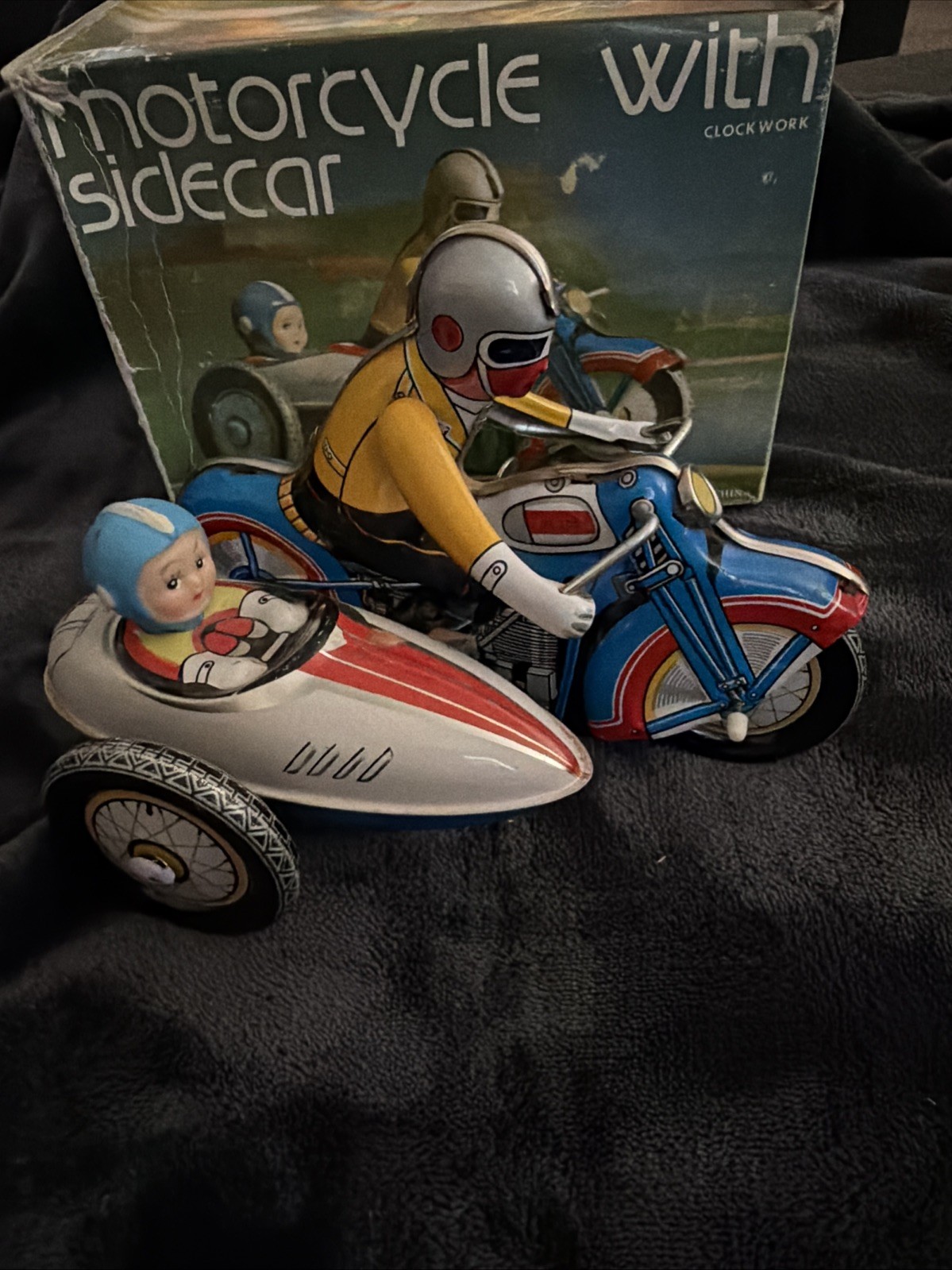 Vintage Mechanical Tin Litho Toy Motorcycle w/ Sidecar - Original Box Works NOS