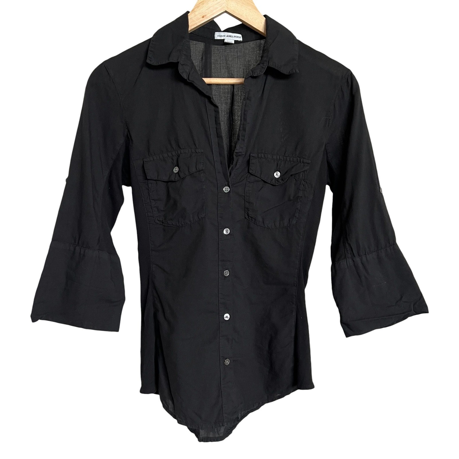 Standard James Perse Black 100% Cotton Button Up Side Panel 3/4 Sleeve Shirt M