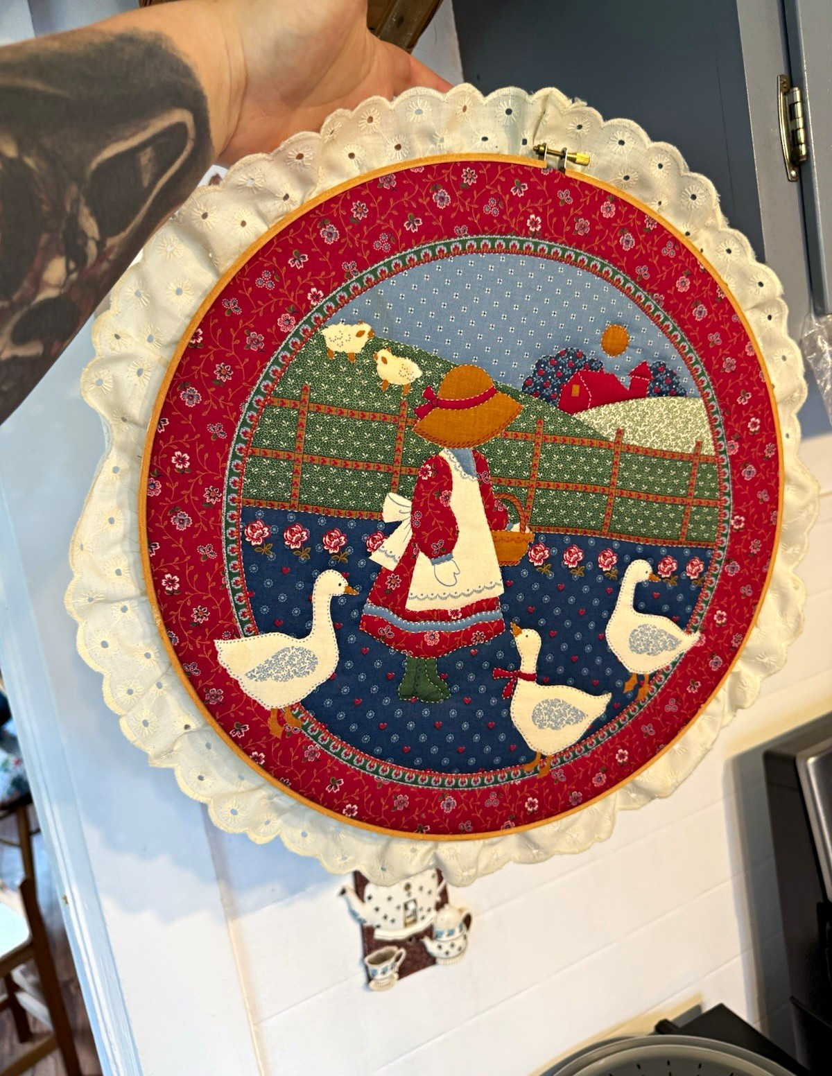 Vintage Handmade Embroidery Hoop Wall Art – Farm Girl Geese Cottagecore