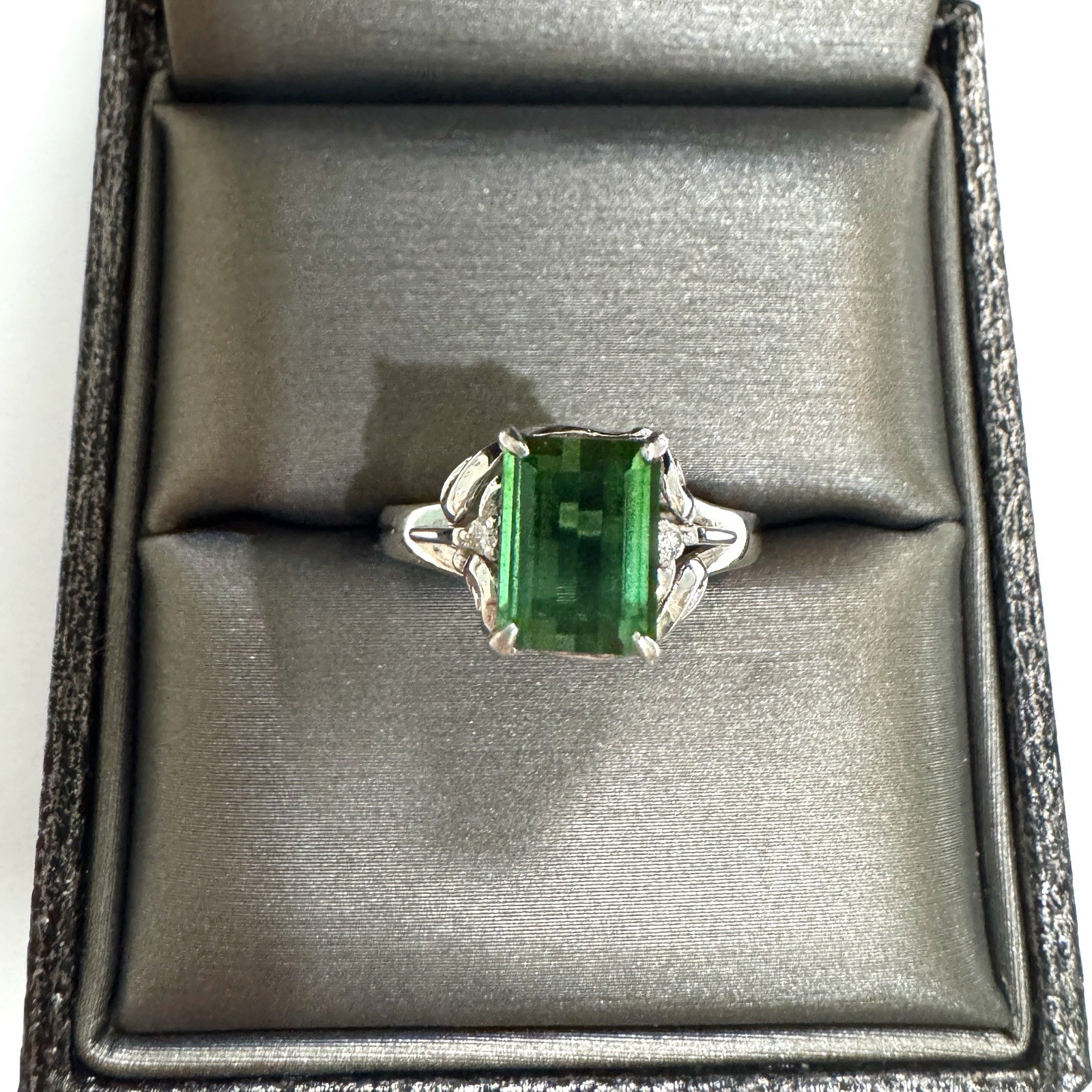 2.55ctw Natural Emerald Cut Green Tourmaline & Diamond Solid PT900 Platinum Ring