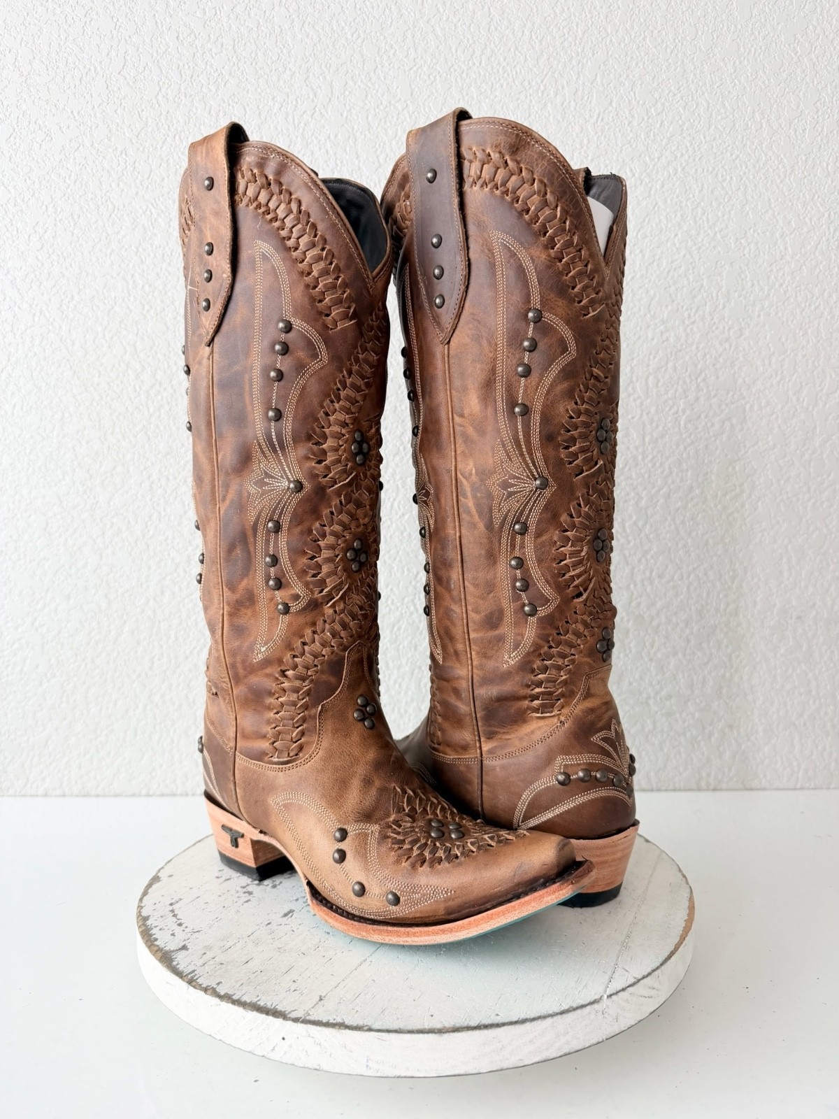 Lane COSSETTE Cowboy Boots Cognac Brown Western Cowgirl Tall Snip Toe Size 7.5