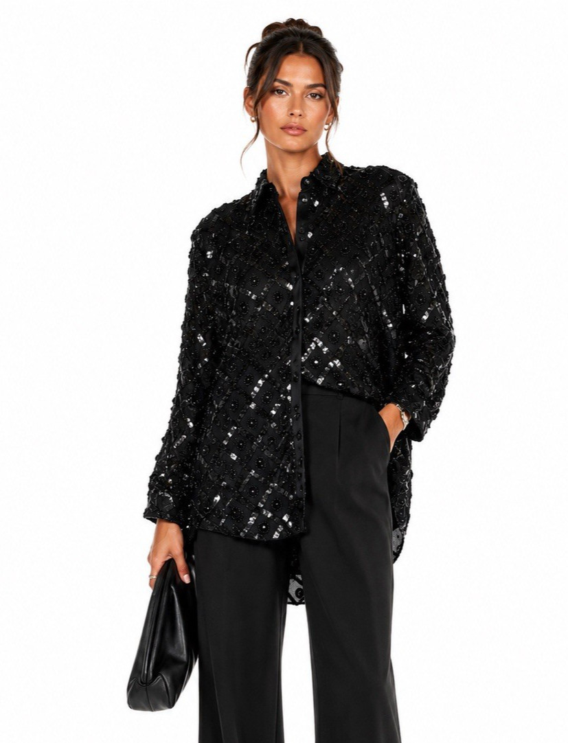 Creative Creations Black Sequin Beaded Embellished Silk Shirt-Dress Jacket LARGE