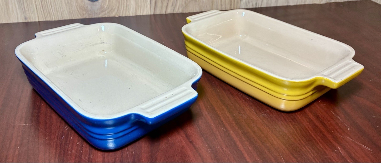Set 2 Le Creuset Stoneware Rectangular Baking Dishes Cobalt Blue Dijon Yellow