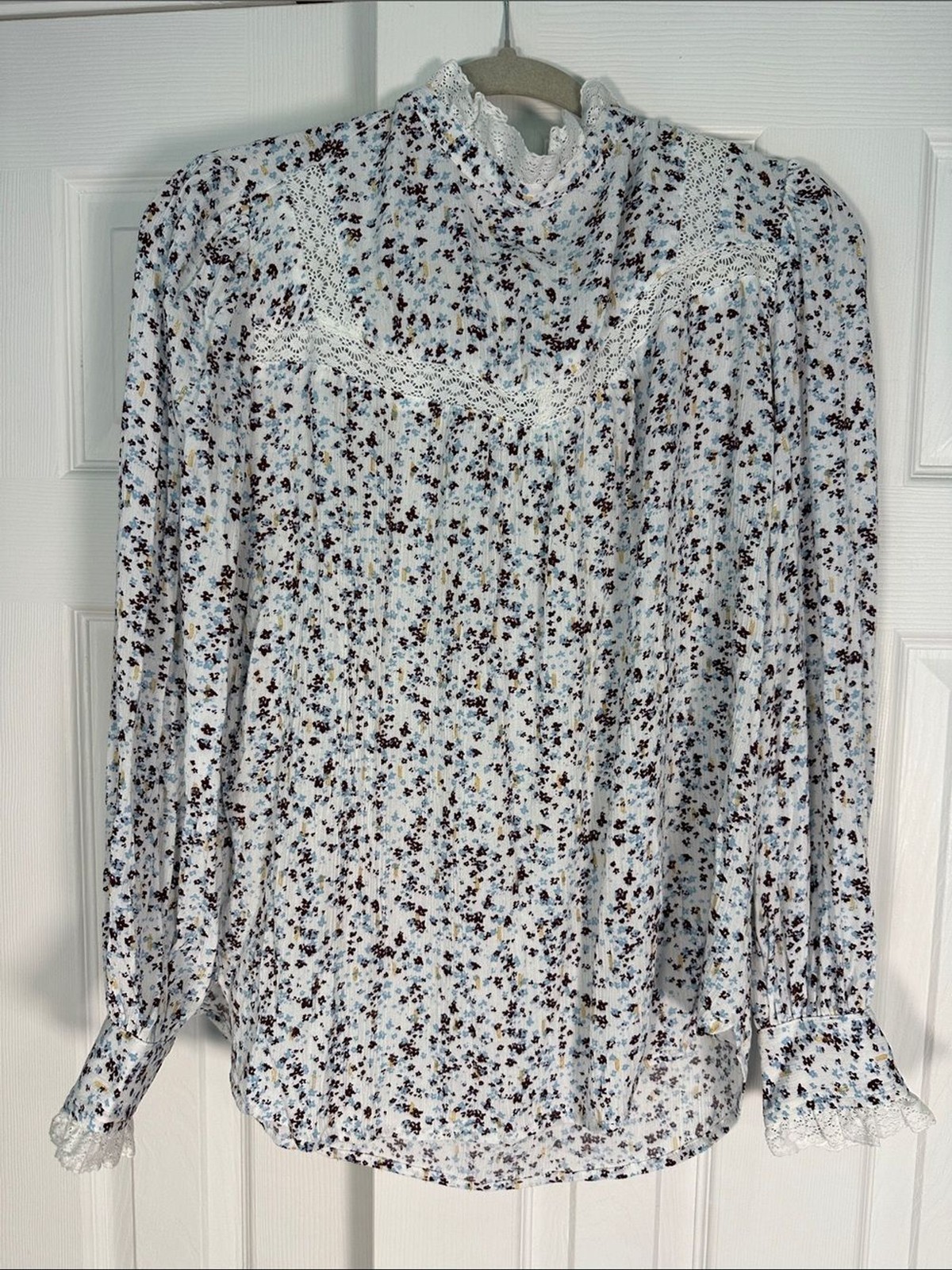 LOFT Cream Floral Lace Yoke High-Neck Blouse