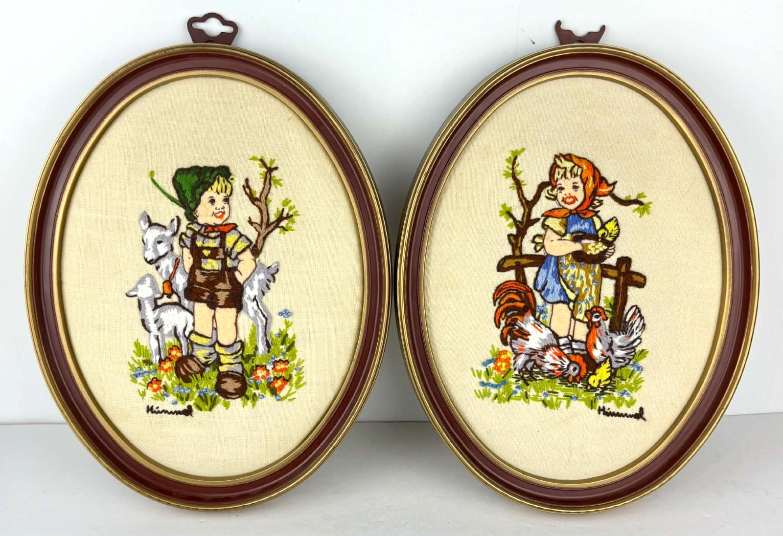 Vtg 1970s Hummel Crewel Stitch Paragon Stitchery Girl Boy Oval Frame Set of 2