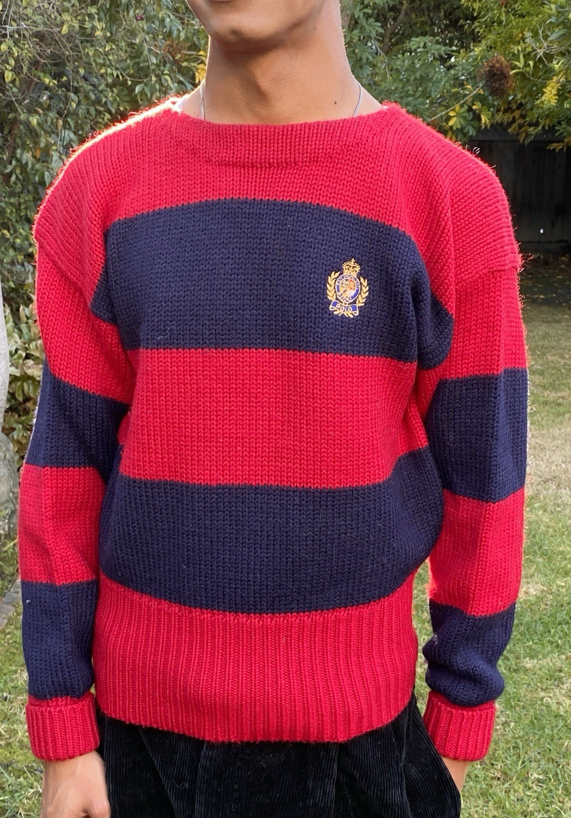 Rare 1986 Polo Ralph Lauren M 100% Wool Striped Red Blue Sweater
