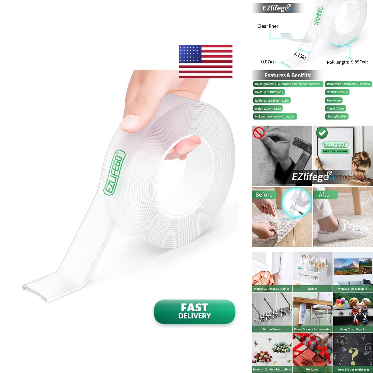 EZlifego BG002-US Nano Double Sided Adhesive Tape Clear 9.85FT