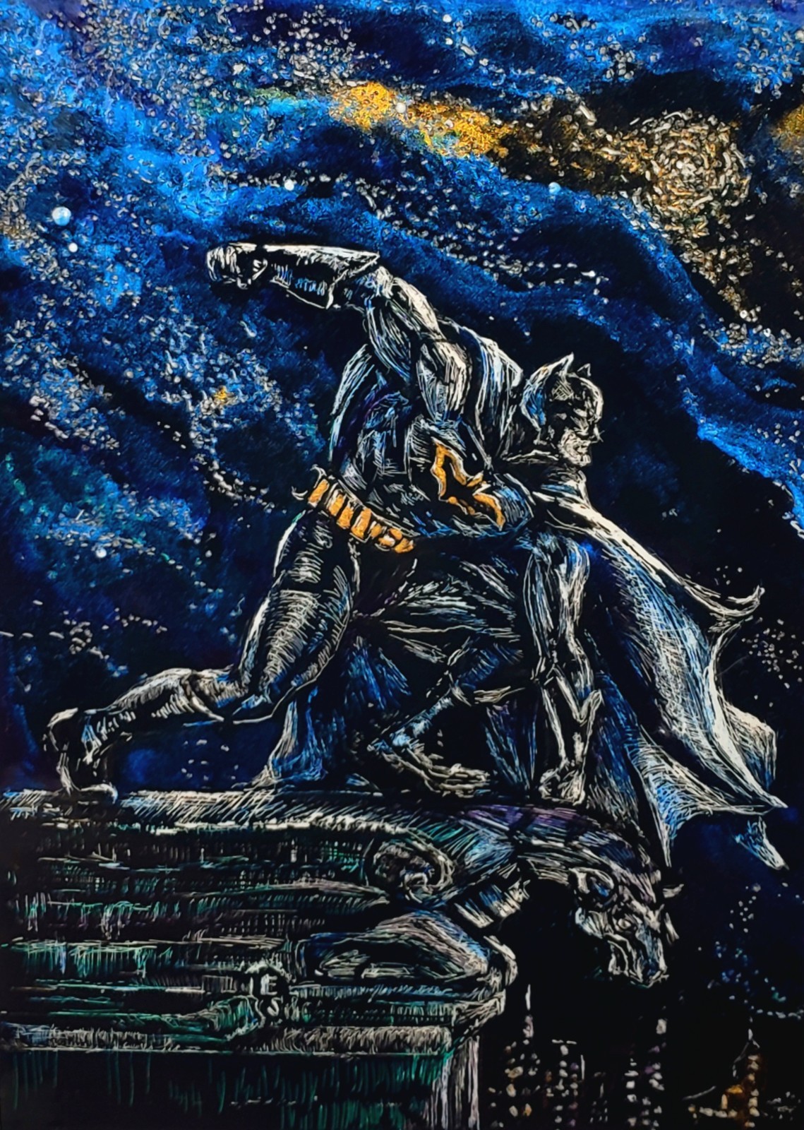 Batman Original ACEO Scratchboard Art Card Fan Art Gargoyle Gotham City