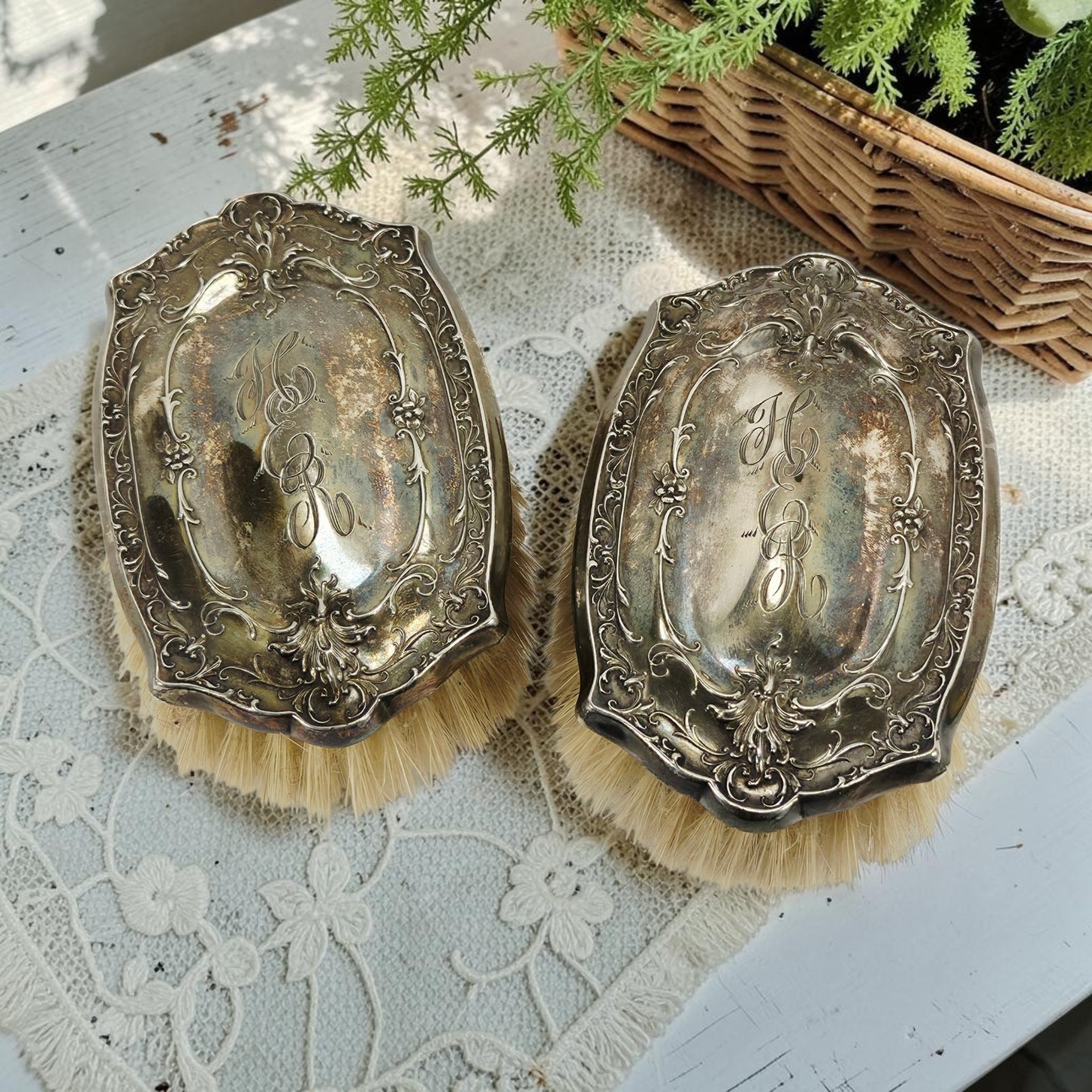 Set Of 2 Antique Silver Plated Monogrammed 