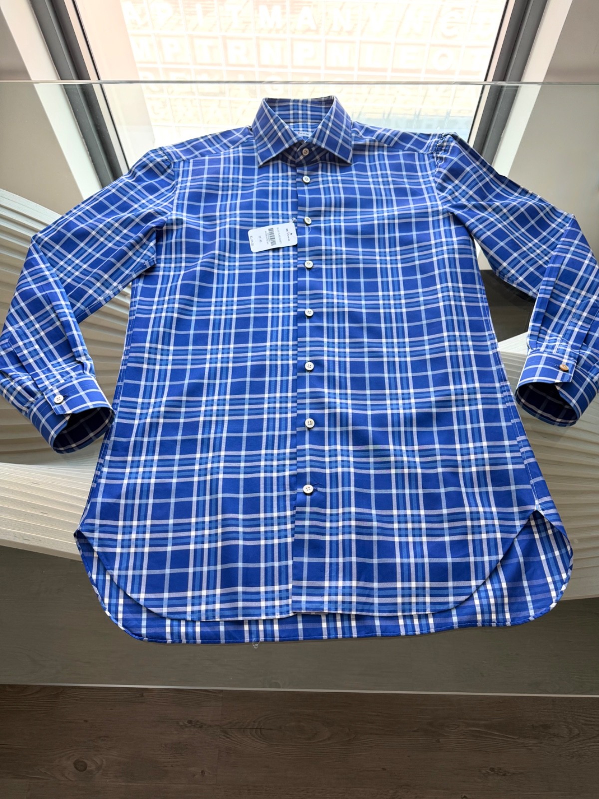 $3,195 New Kiton Men’s Blue Plaid Shirt  Special Order Fabric Size XL  17/ 43