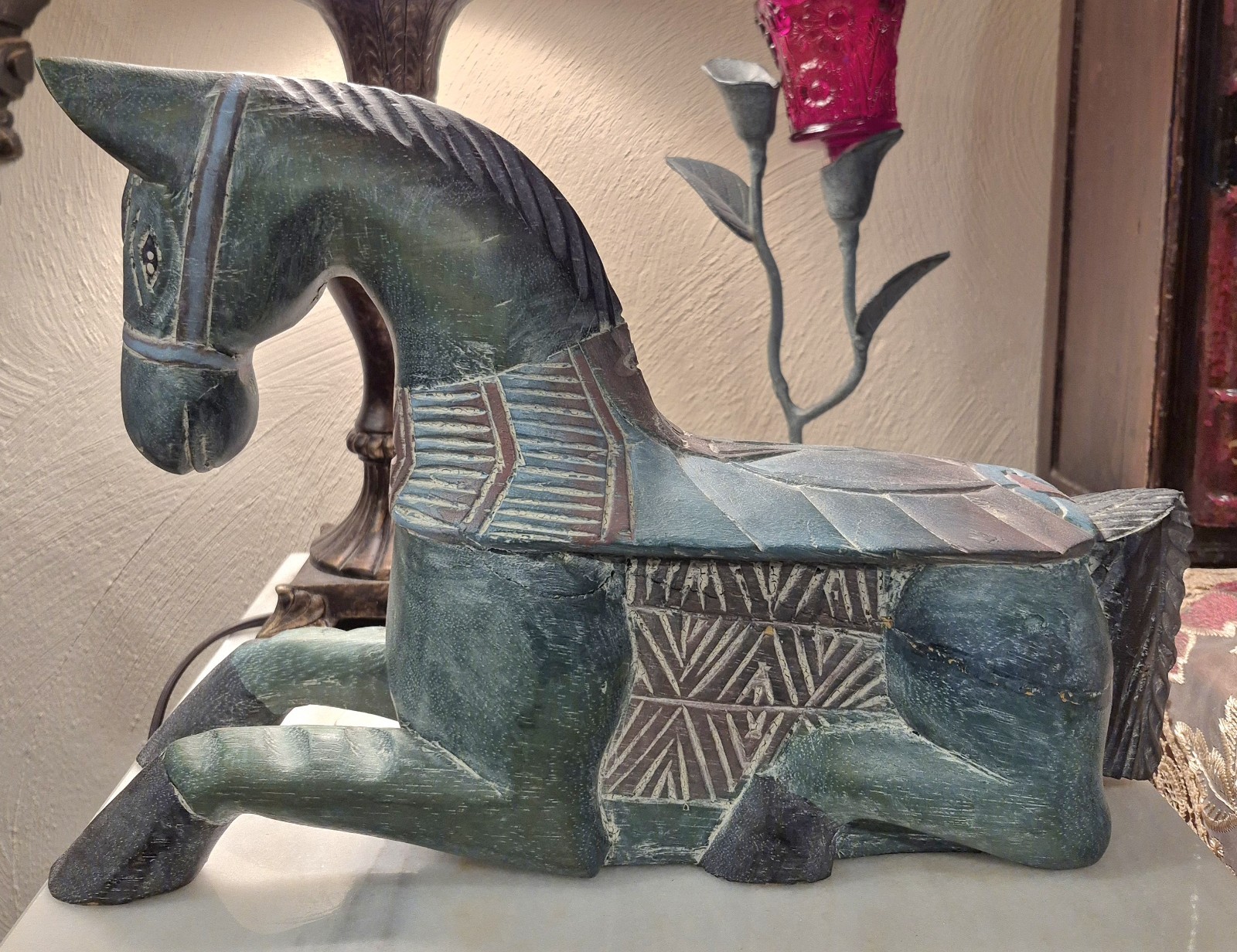 Vintage Carved Blue Wooden Horse Made in Thailand - 14.5 Vintage Carved Blue Wooden Horse Made in Thailand - 14.5