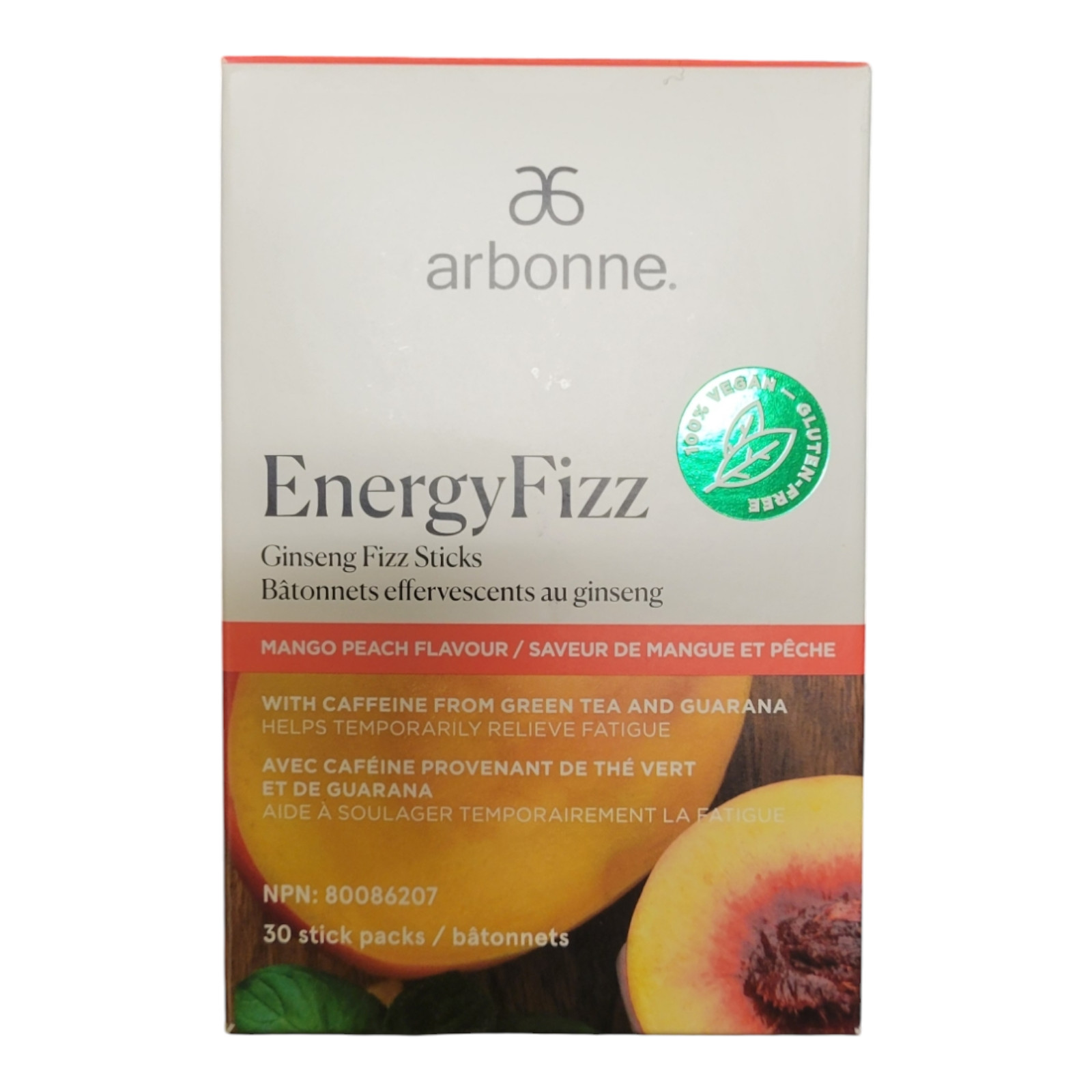 Arbonne Energy Fizz Ginseng Mango Peach (30 Sticks) - New - Exp. 11/2027