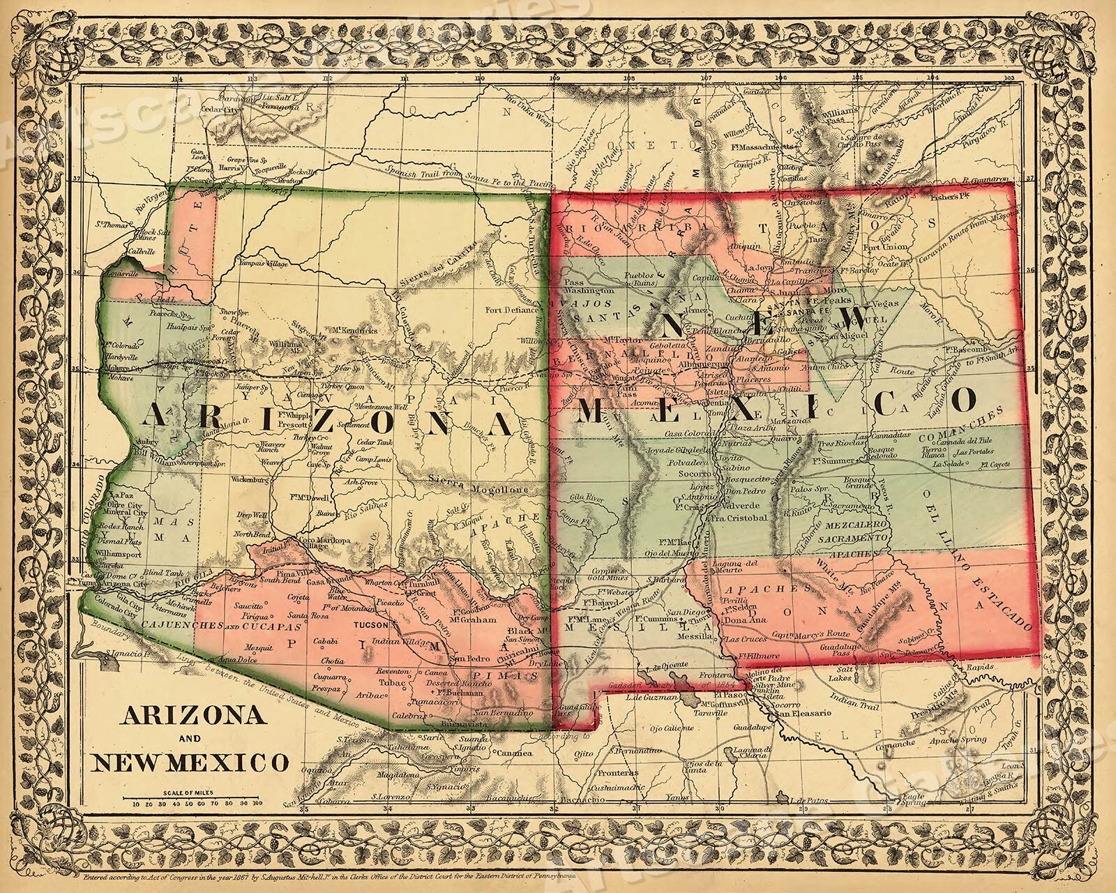 1867 Arizona New Mexico Historic Wagon Route Map - 24x30