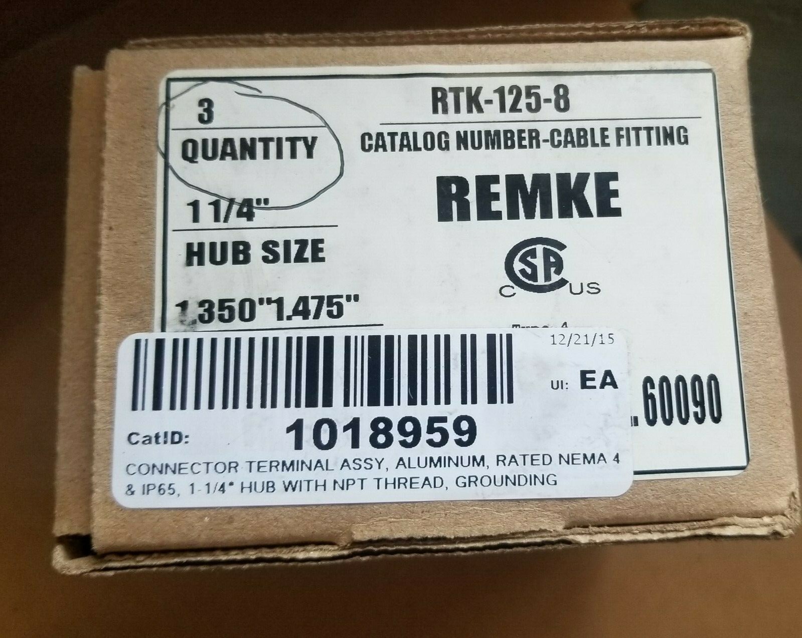 Box of 3 Remke RTK-125-8 MC Cable Connectors 1-1/4 in NPT Aluminum Fittings