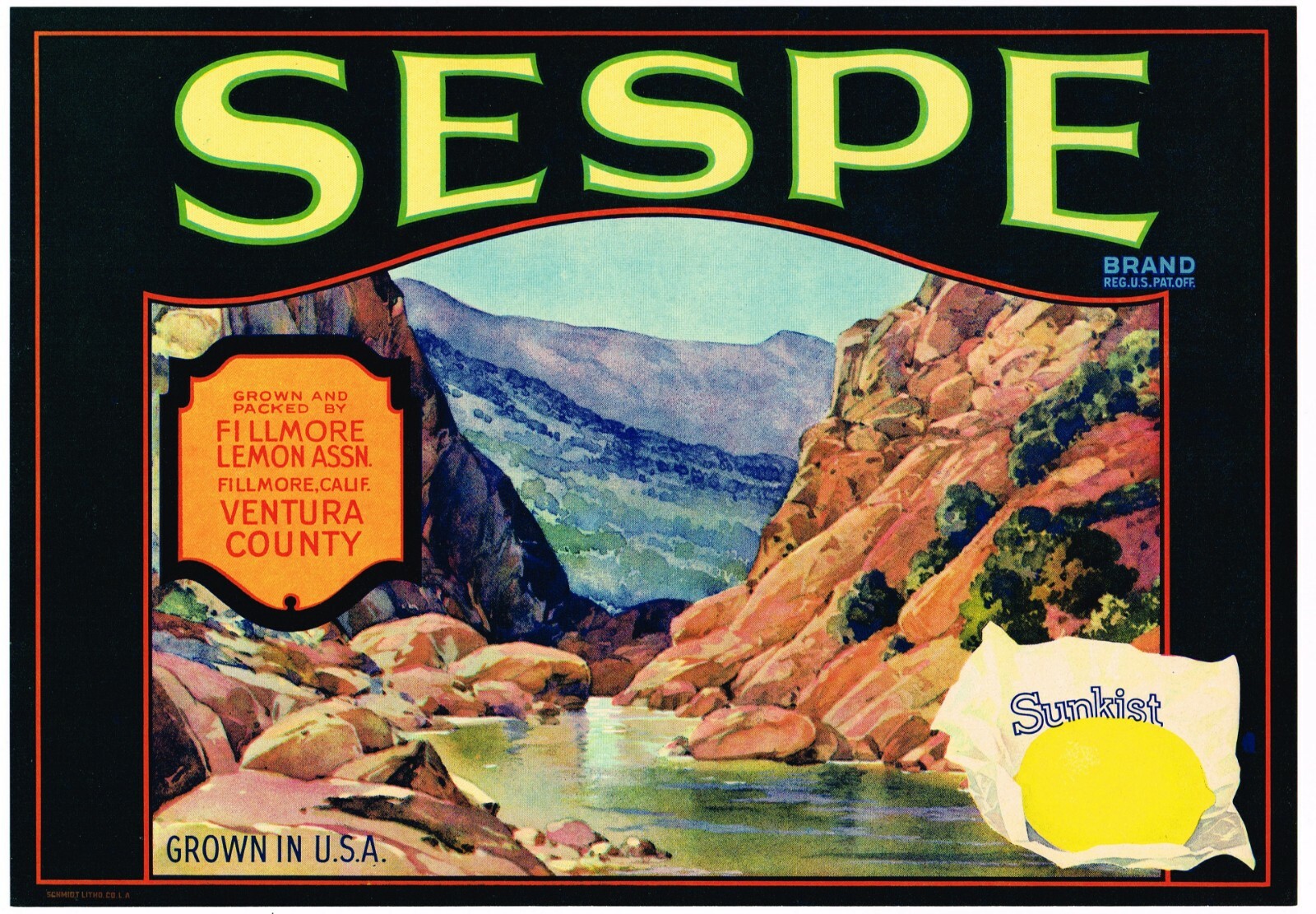 ORIGINAL LEMON CRATE LABEL SESPE CREEK FILLMORE VENTURA COUNTY 1940S VINTAGE 