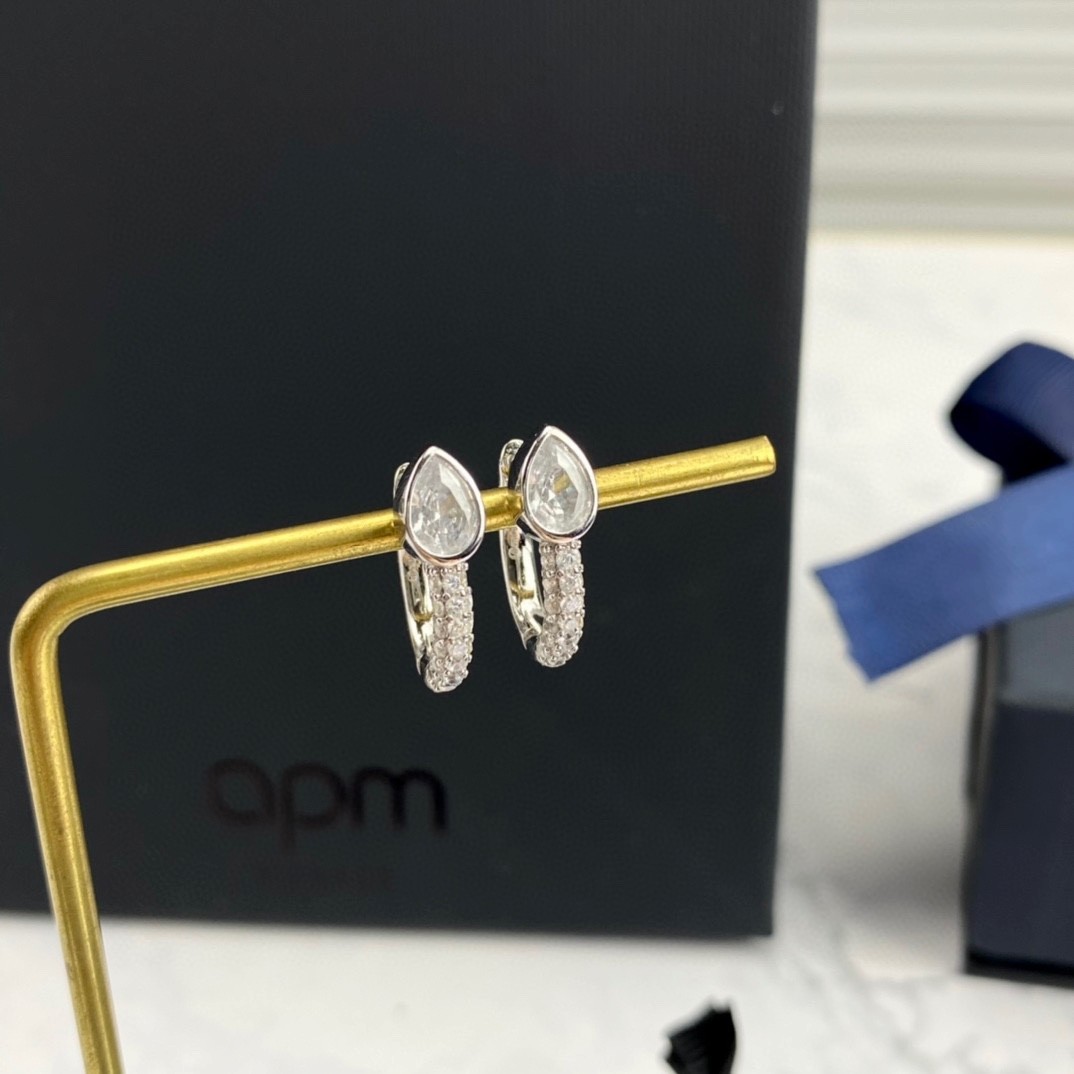 APM Monaco Tiny Pear‑Shaped Micro Paved Hoop Earrings Silver Tone Ear Jewelry APM Monaco Tiny Pear‑Shaped Micro Paved Hoop Earrings Silver Tone Ear Jewelry