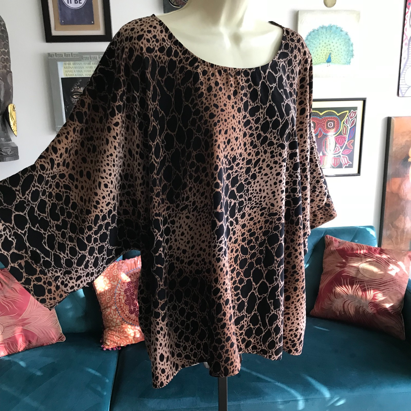 ALFANI size XL Brown & Black Animal Print Oversized Dolman Sleeve Top Lagenlook
