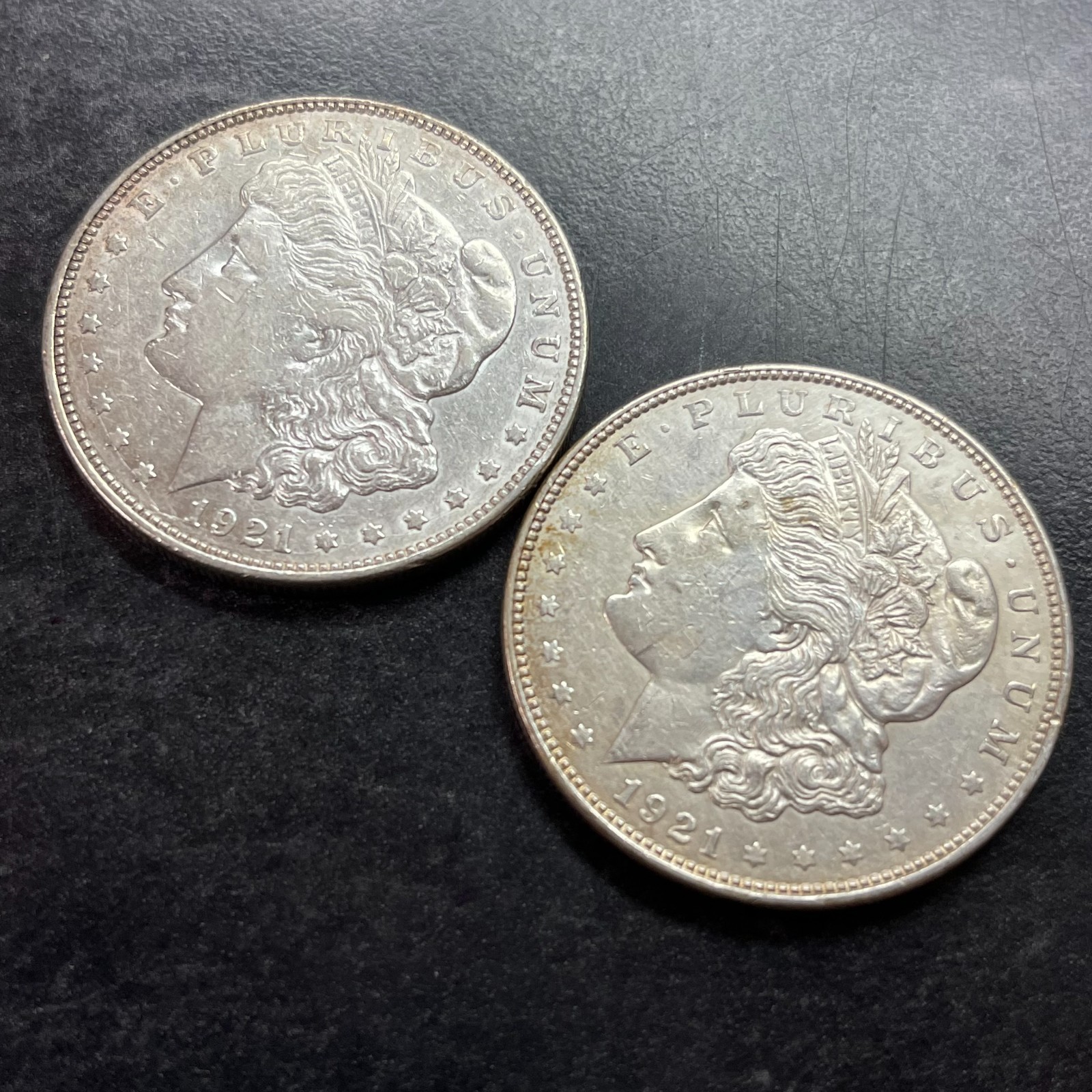 2 1921 D $1 GENUINE UNITED STATES MORGAN 90% SILVER DOLLAR KM# 110 DENVER MINT 2 1921 D $1 GENUINE UNITED STATES MORGAN 90% SILVER DOLLAR KM# 110 DENVER MINT