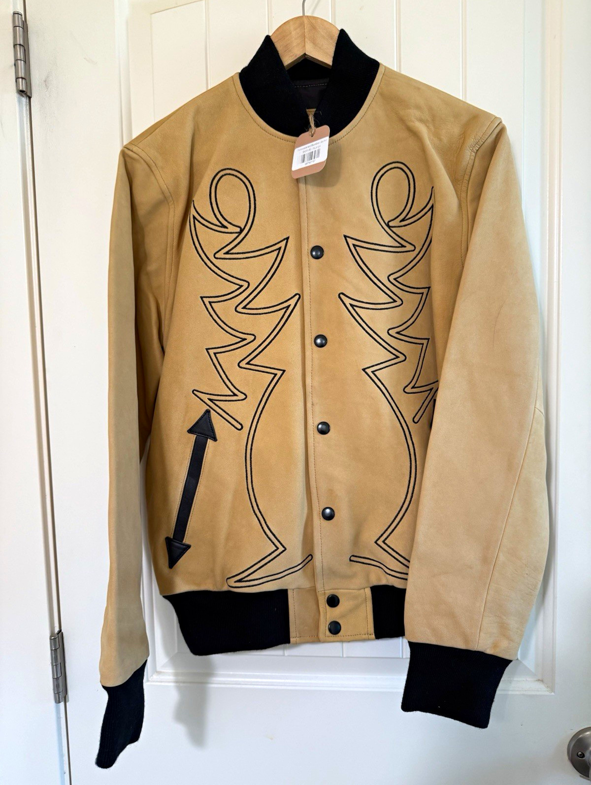 Western & Co. Embroidered Leather Bomber Jacket Snap Front Lined Beige Black XL