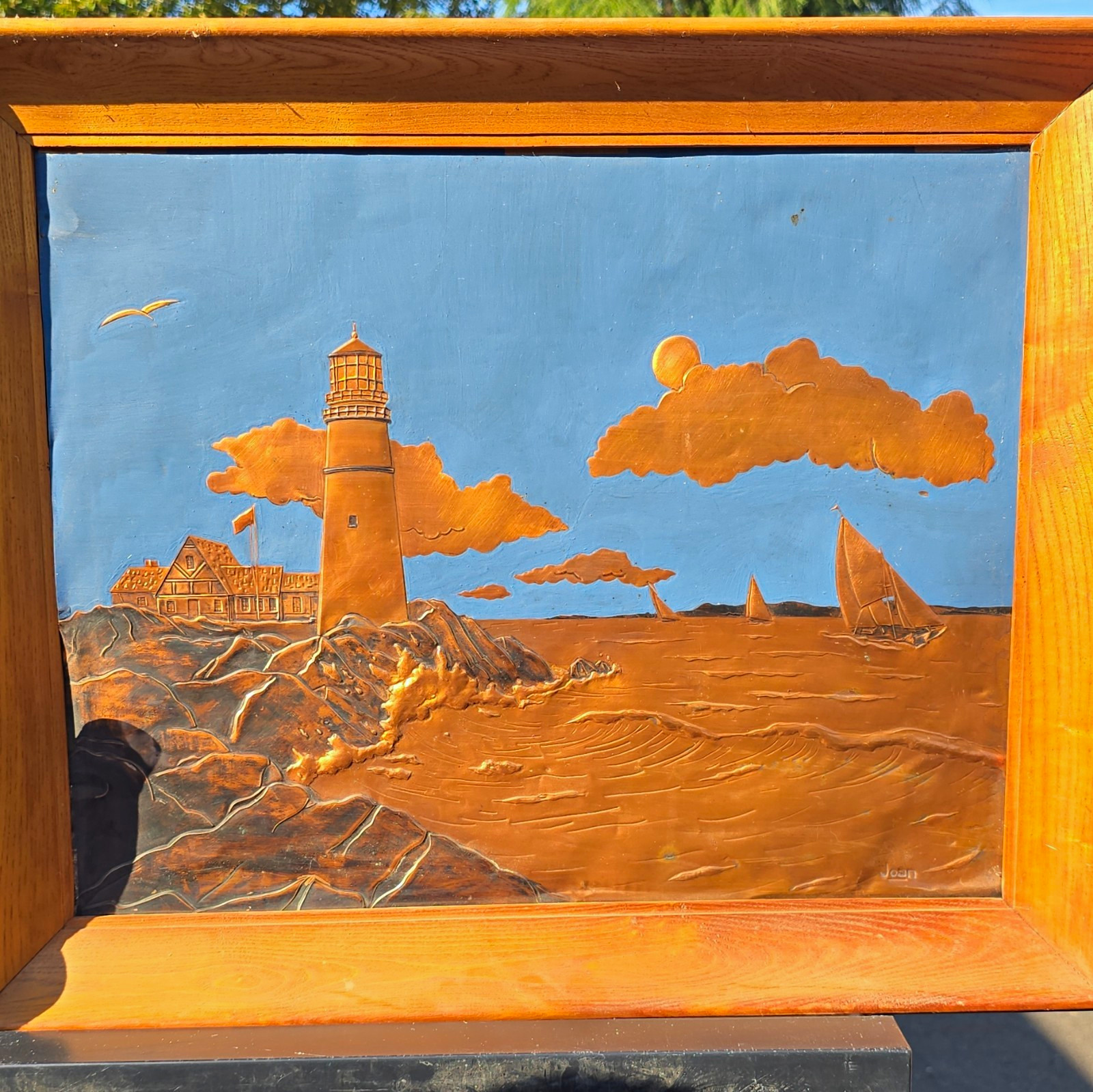 **Vintage Mid-Century 3D Copper Relief Lighthouse Wall Art**