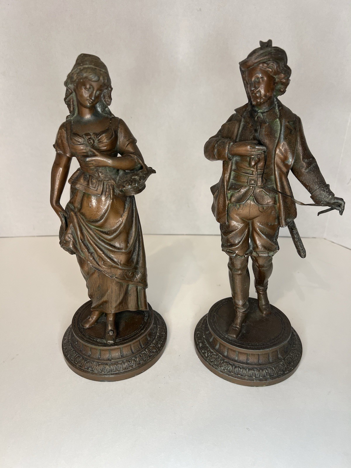 2 Antique Victorian Metal/Bronze Spelter Cast Figurines Of Man And Woman 2 Antique Victorian Metal/Bronze Spelter Cast Figurines Of Man And Woman