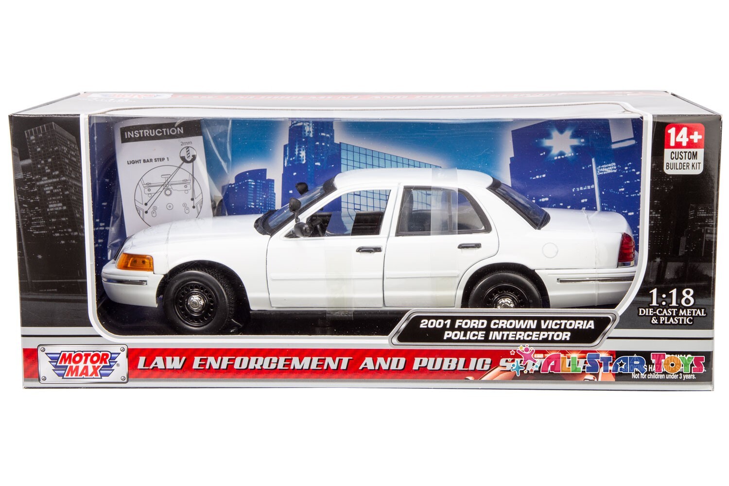 Motormax 1/18 2001 Ford Crown Victoria Police Car Blank White 73517 w/ Light Bar