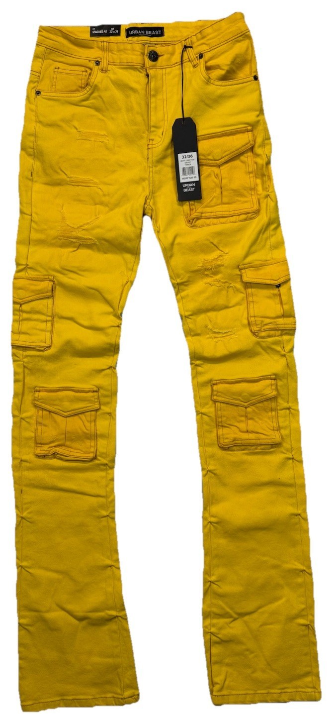 Men’s Yellow Urban Beast ripped stacked 32x36 denim pants w/ cargo pockets