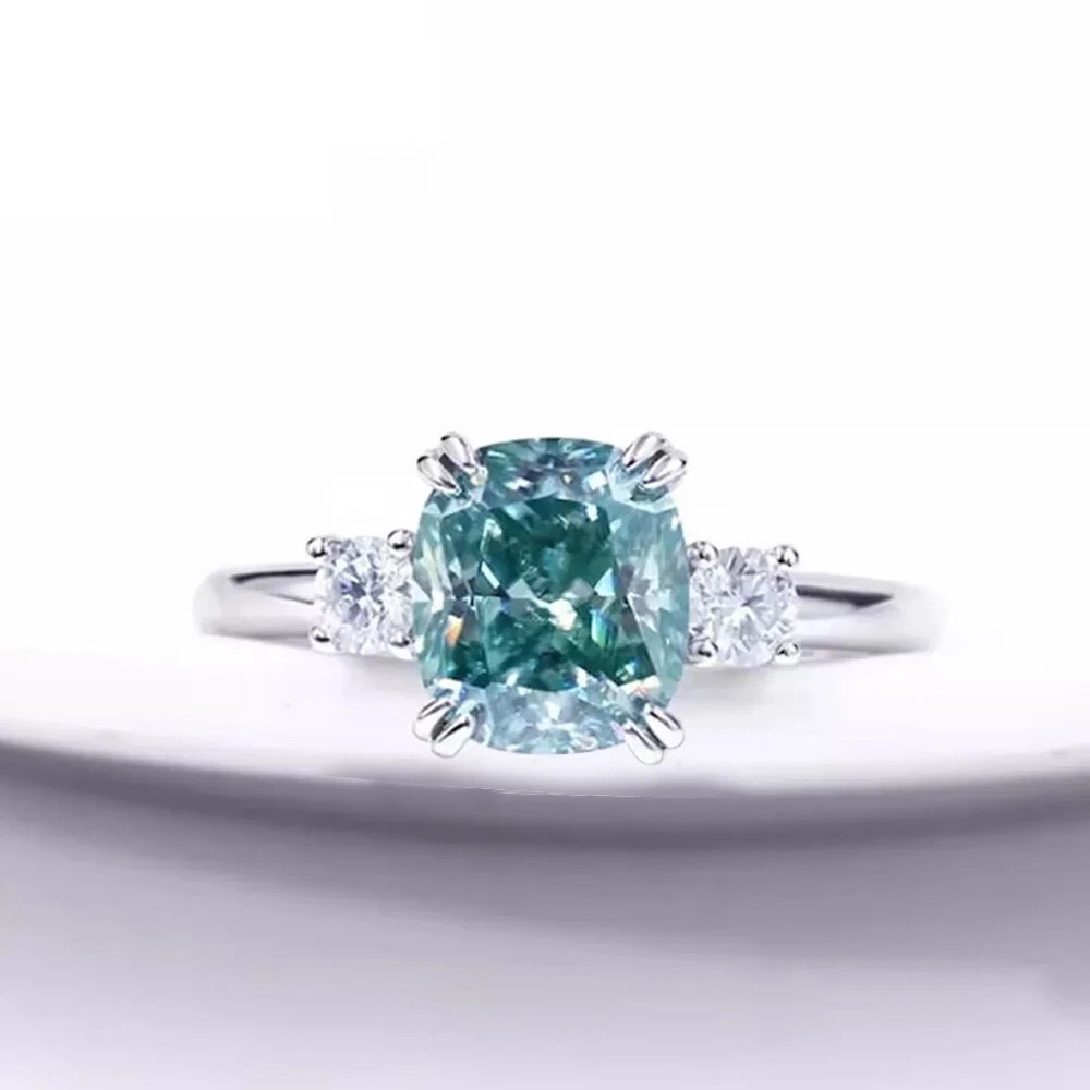 3.20 Ct Cushion Cut Blue Moissanite 14k White Gold  Ring For Engagement