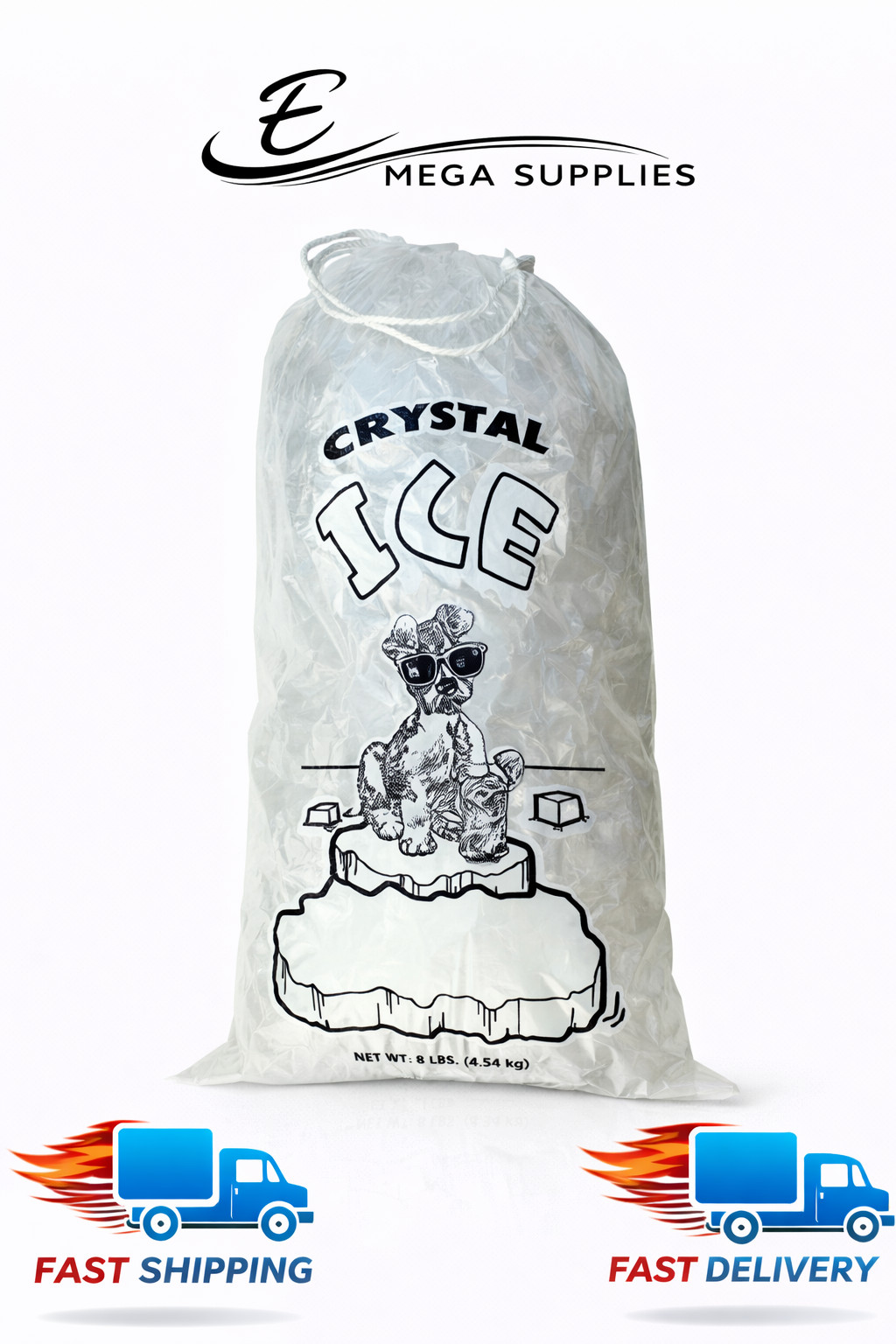 Crystal Clear Plastic Ice Bags with Cotton Draw String, 10 lb., Pack of 500