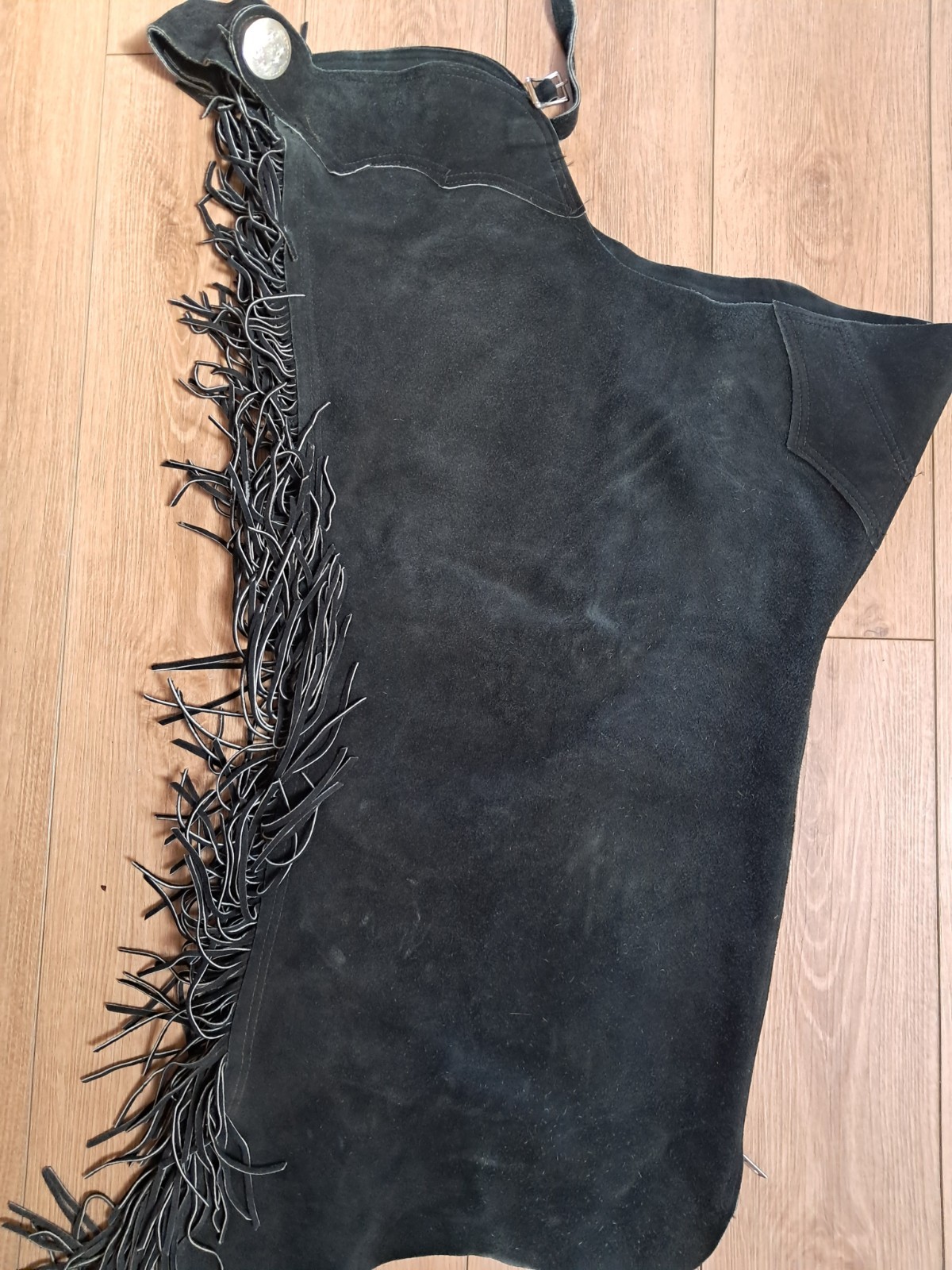 Black Suede Leather Western Fringe Chaps Full Length Trail Riding Adult