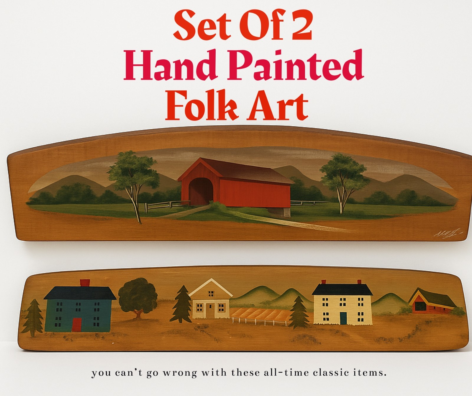 VTG Hand Painted Folk Art red covered bridge Scene on Wood