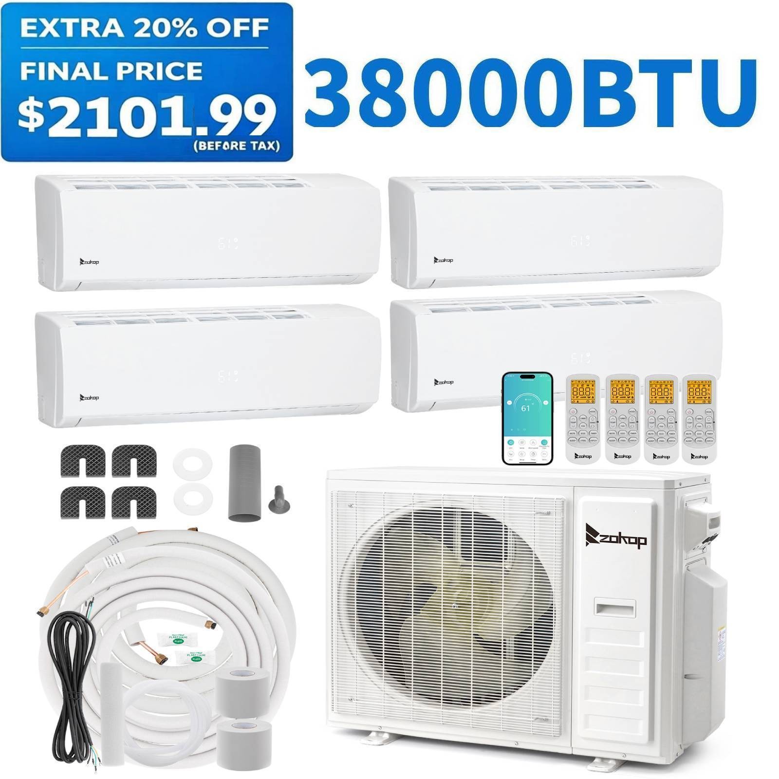 38000 BTU Qual 4 Zone Mini Split Air Conditioner w/Heat Hump (9K+9K+12K+18K BTU)