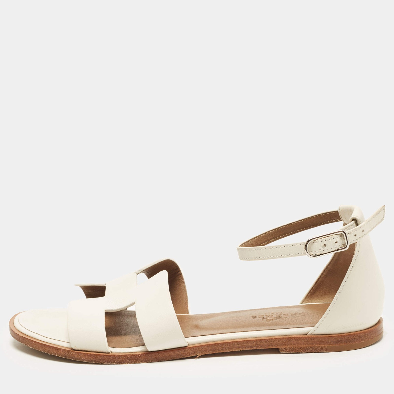Hermes Santorini Size 37 White Leather Flat Sandals