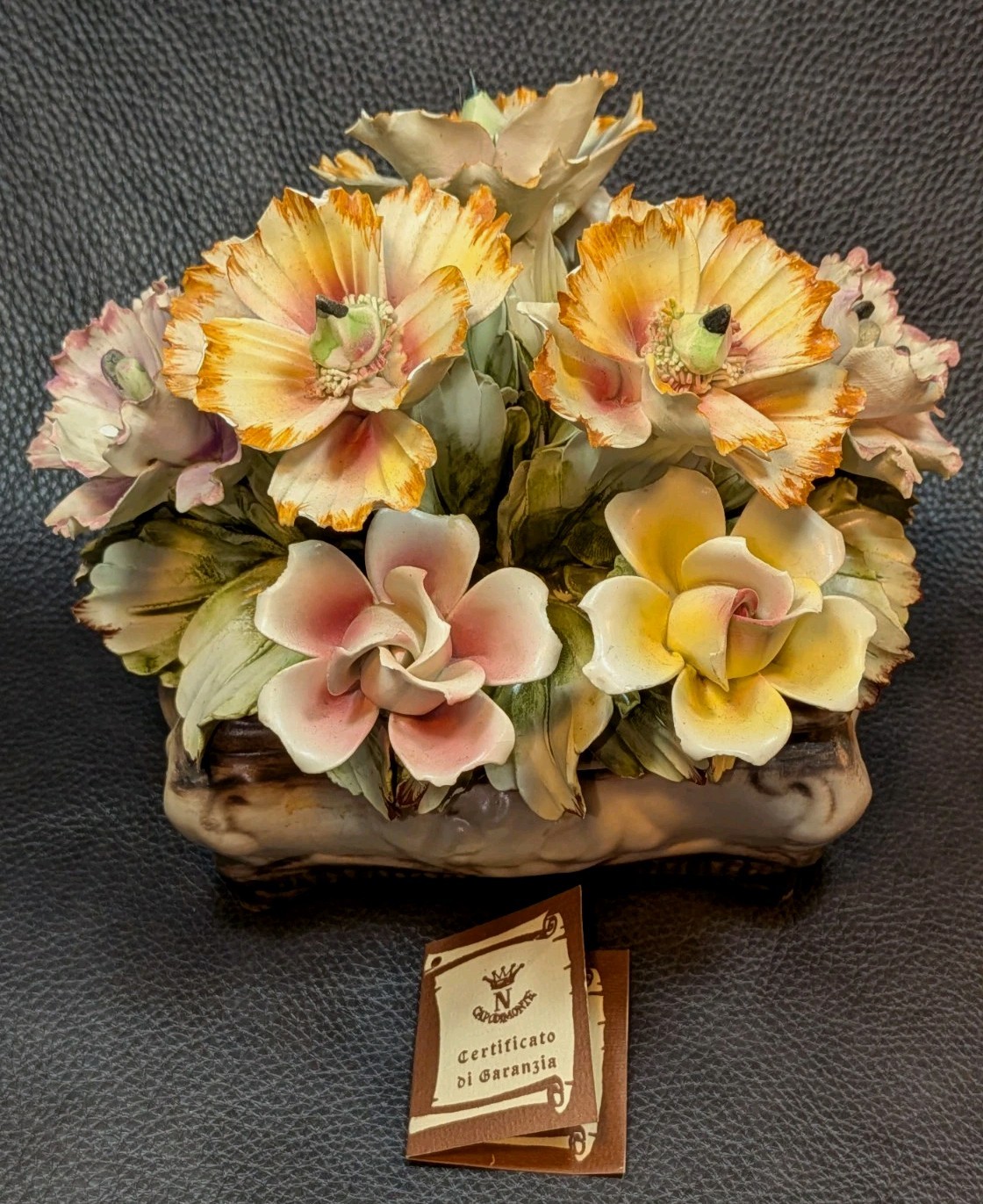 Vintage Capodimonte Italy Porcelain Flowers Lidded Box Original Tags 1970-90\'s