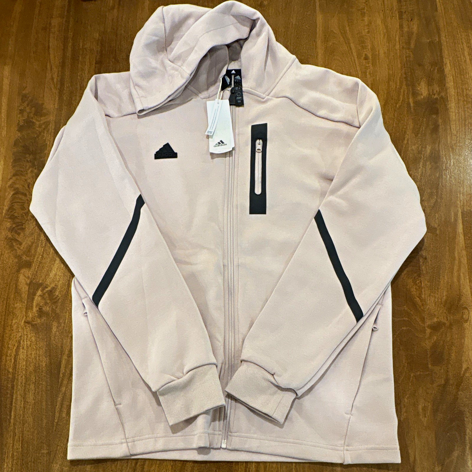 NWT Adidas Men\'s Slim Fit Hooded Full-Zip Track Jacket WonderTaupe/Black Size L