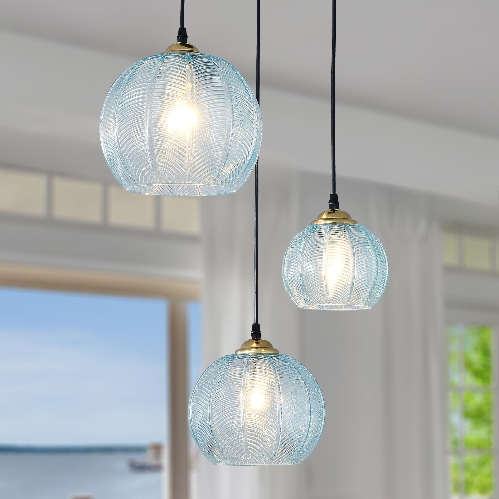 3-Light Blue Glass Pendant Lights Coastal Chandelier for 6\