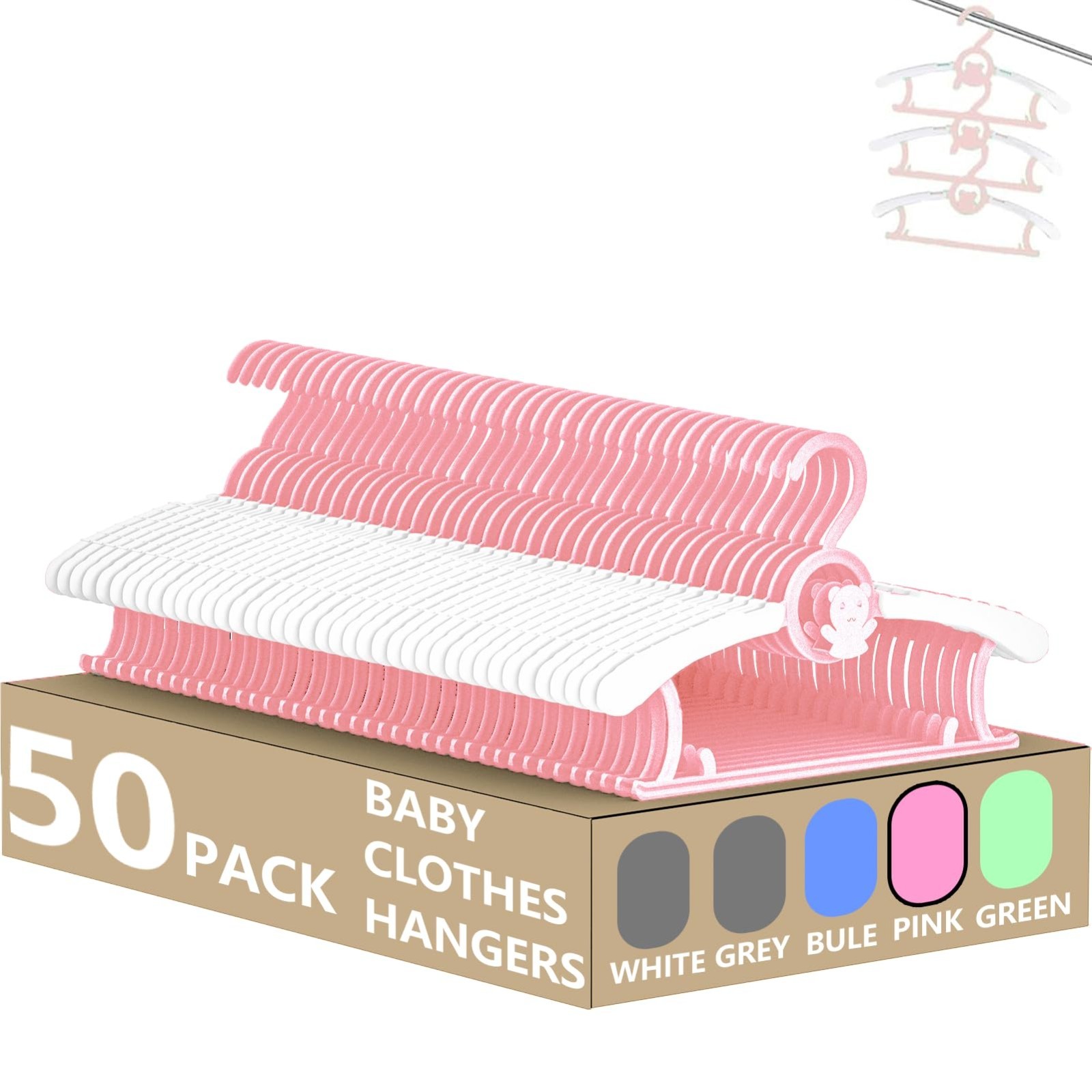 Pink Baby Hangers 50 Pack Adjustable 11-14in Plastic Kids Clothes Pant Bar