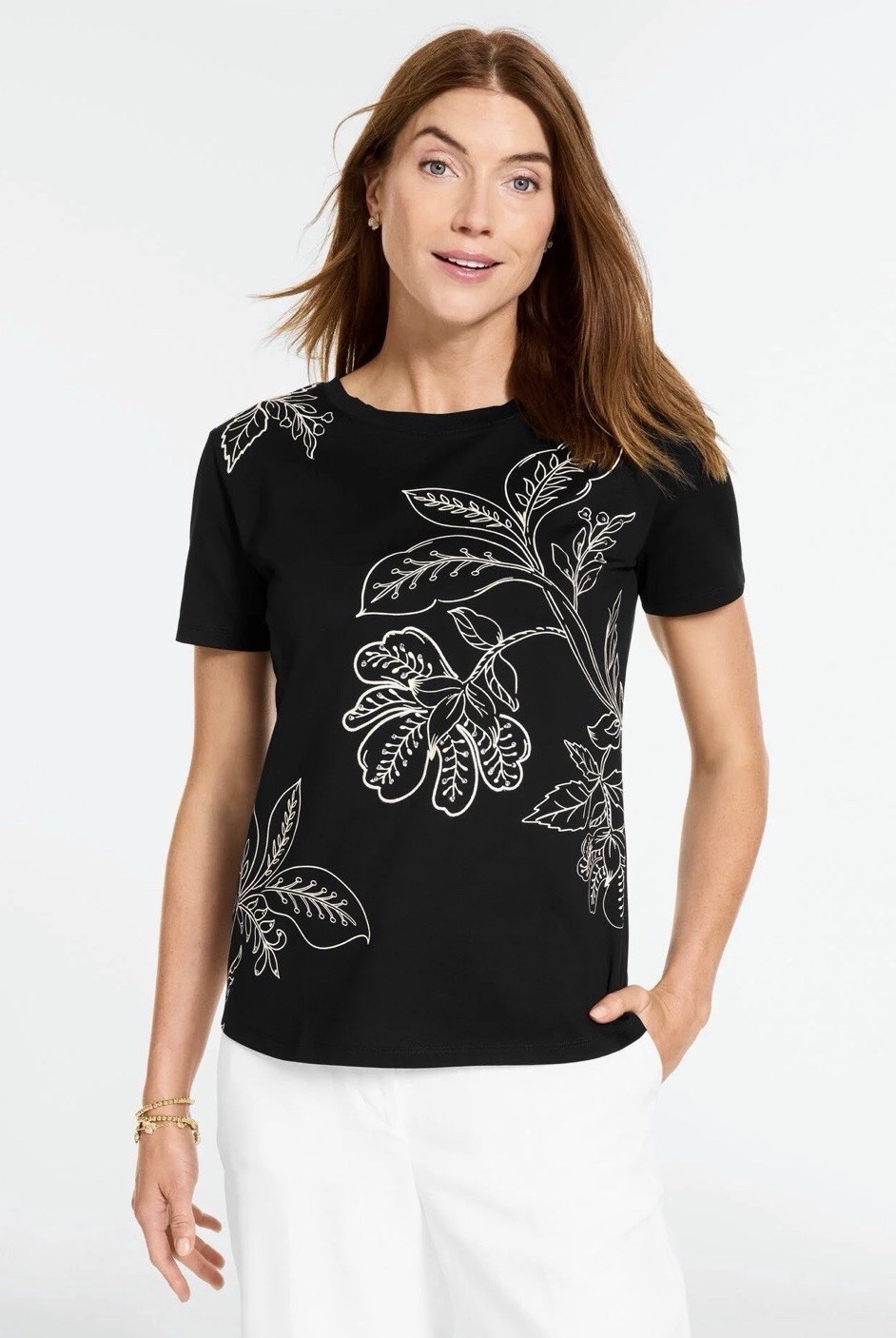 NWT Talbots Women’s Size PS Black Flora Embroidery Cotton Crew Neck Pullover Top NWT Talbots Women’s Size PS Black Flora Embroidery Cotton Crew Neck Pullover Top