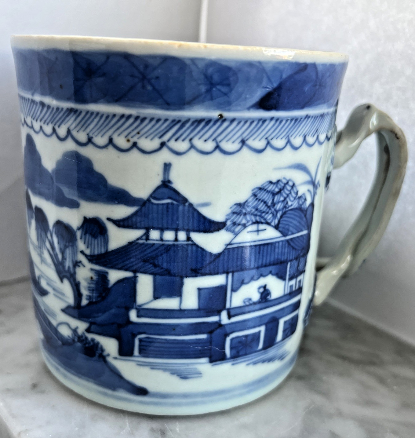 HTF ANTQ CHINESE EXPORT CANTON WARE BLUE & WHITE PORCELAIN MUG TANKER UNMARKED HTF ANTQ CHINESE EXPORT CANTON WARE BLUE & WHITE PORCELAIN MUG TANKER UNMARKED