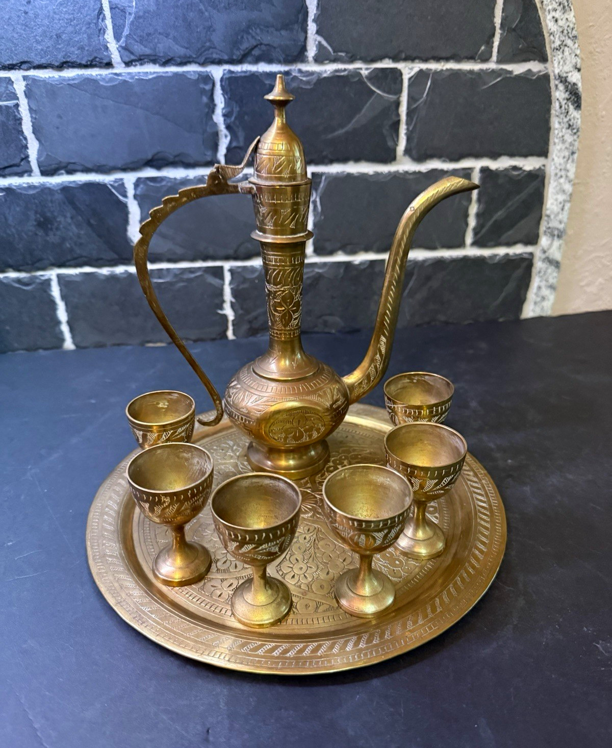 Vintage Etched Brass Coffee and Tea Service Set