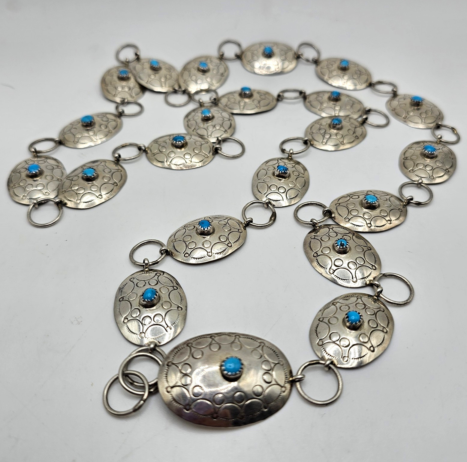 ​Vintage Navajo Signed Nel J. Sterling Silver & Turquoise Concho Link Belt - 39\