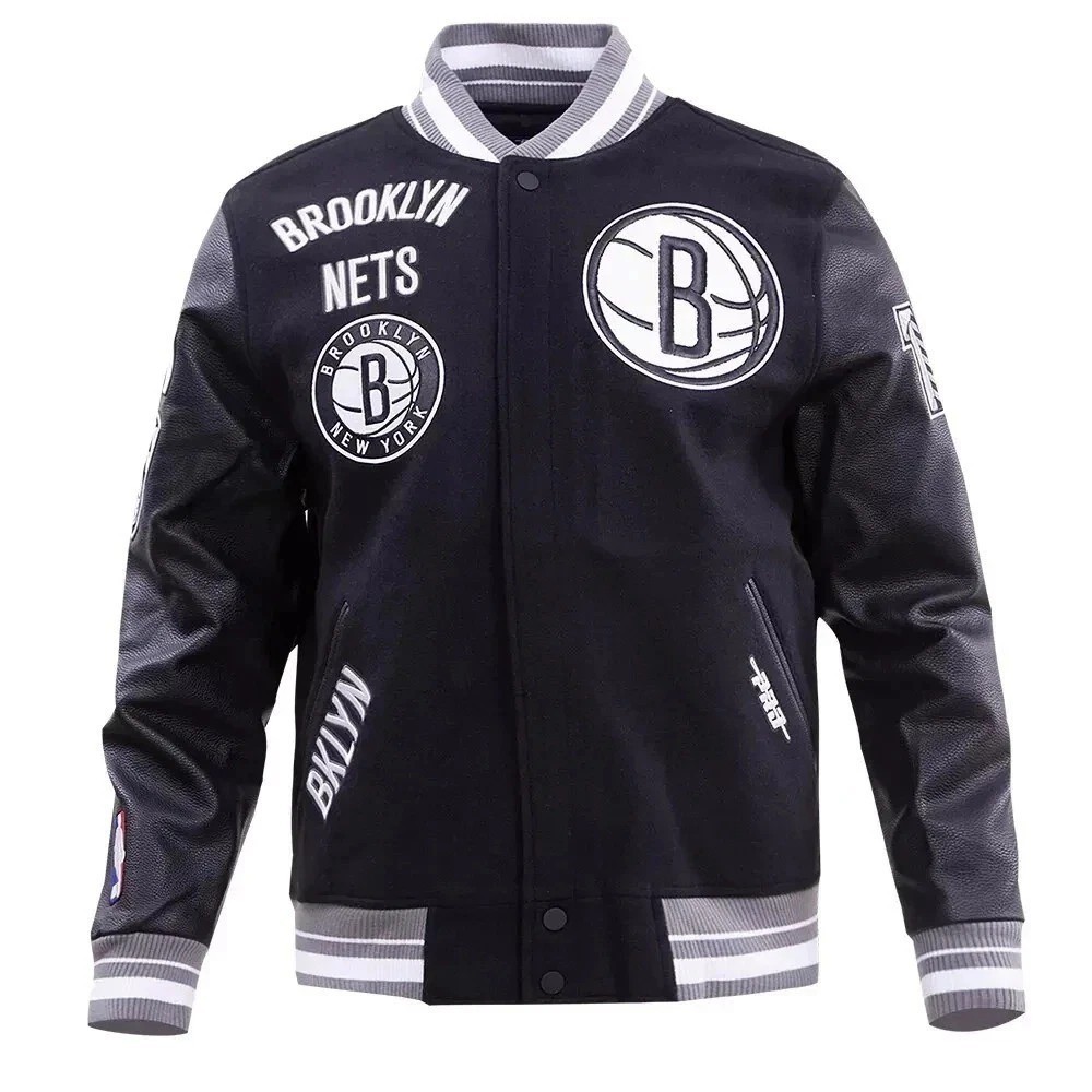 NBA Brooklyn Nets Basketball Varsity Jacket Wool & Leather Bomber Style Coat NBA Brooklyn Nets Basketball Varsity Jacket Wool & Leather Bomber Style Coat