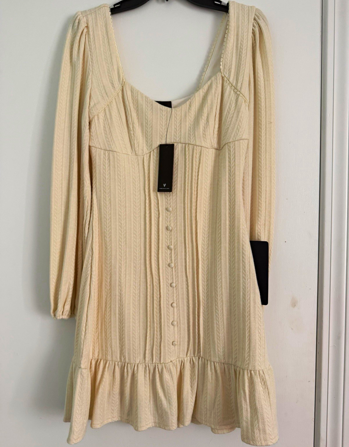 Lulus Ivory Knit Square Neck Puff Long Sleeve Button Front Mini Dress M