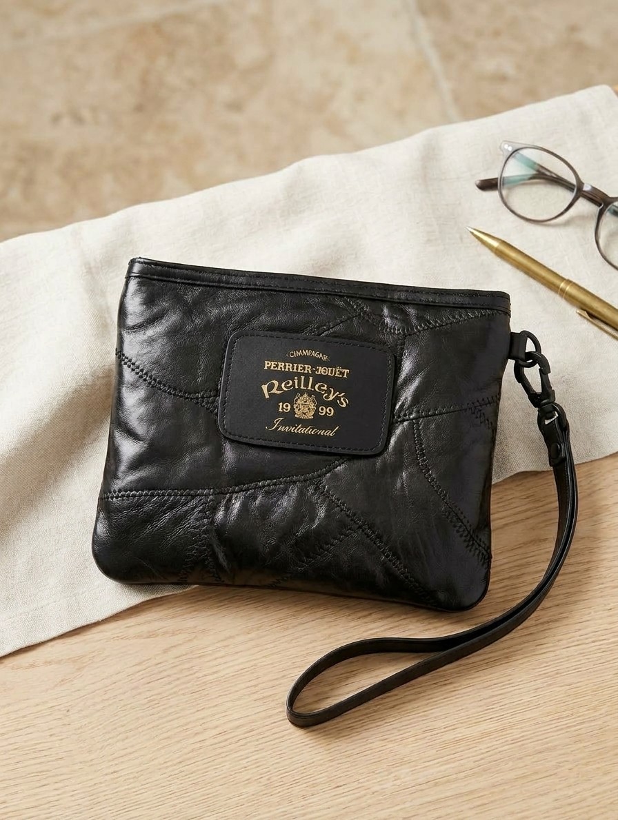 Vintage 1999 Perrier-Jouet Champagne Black Leather Clutch Travel Bag Unisex Rare