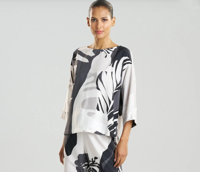 Natori Women\'s T76042 Portofino Tropical Print Crop Pajamas Top Gray Size S NWT