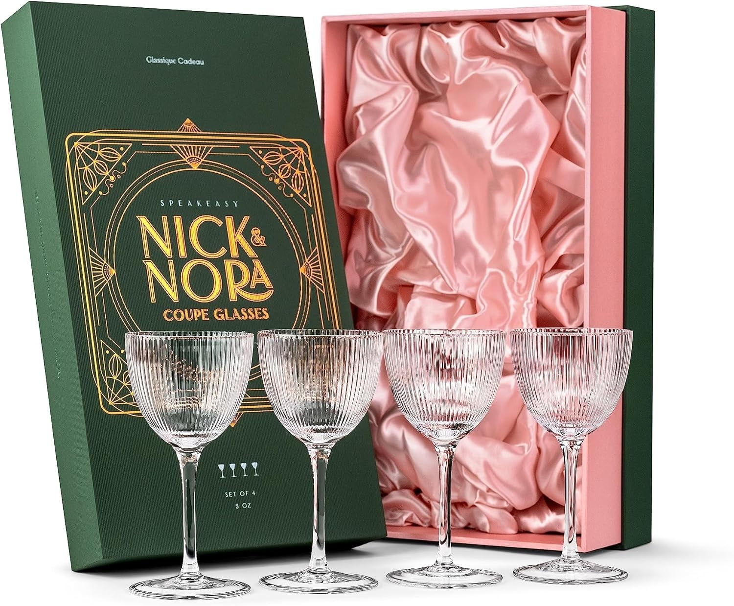 Vintage Art Deco Nick and Nora Coupe Glasses | Set of 4 | 5 oz Crystal Ribbed Co