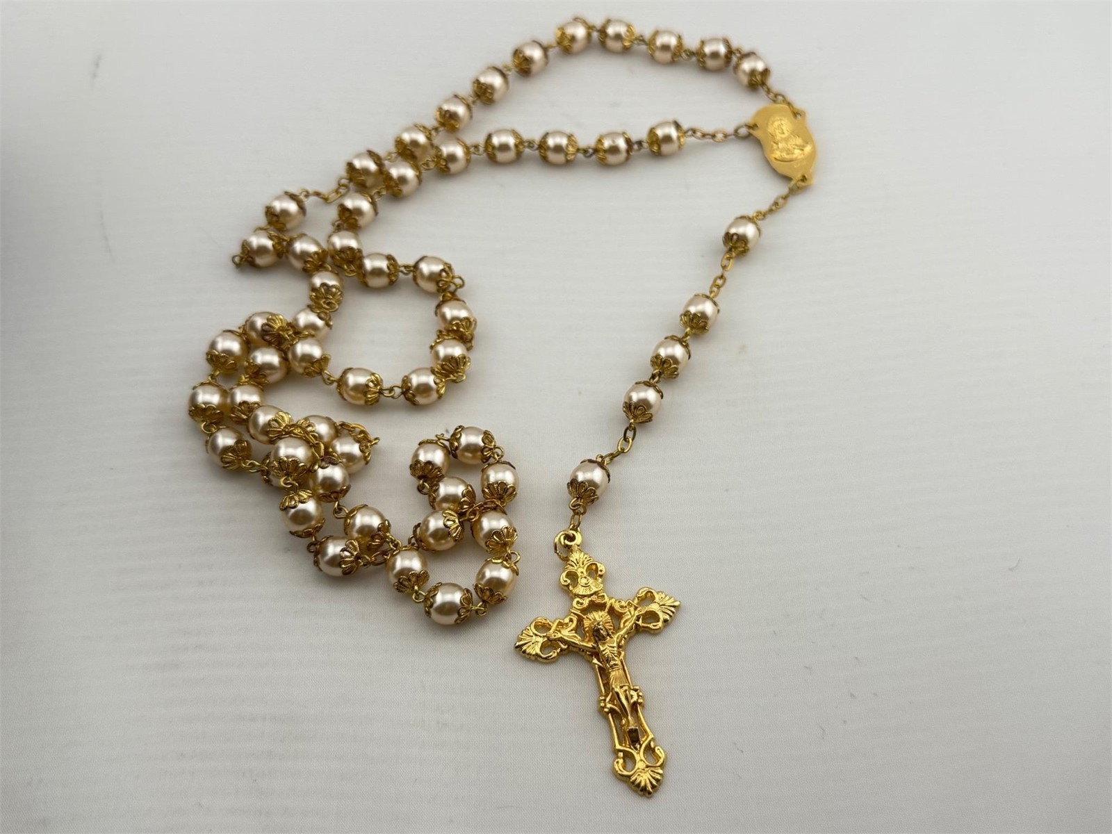 Vintage Italy Catholic Rosary Faux Pearl Beads Gold Tone Crucifix Marian Medal