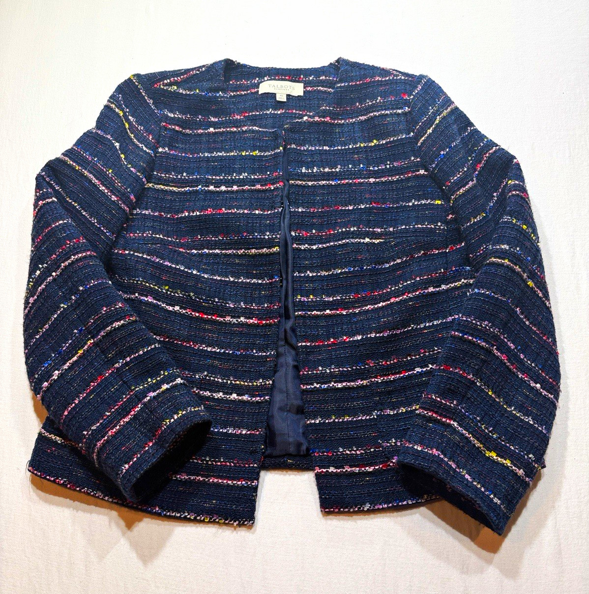Talbots Petites 4P Navy Multicolor Striped Tweed Blazer Lined hook and eye