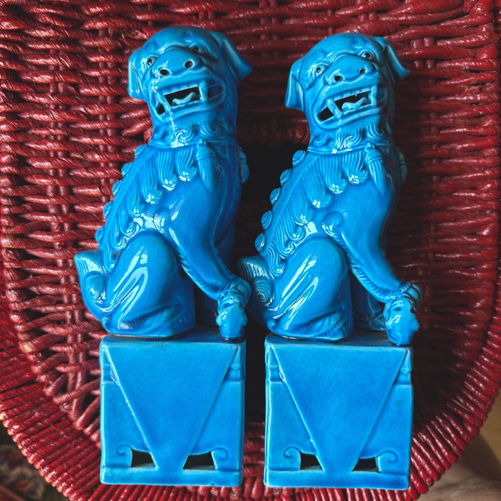 Pair of Chinese Turquoise Blue Glazed Porcelain Foo Dogs – 8.25”– 20th Century Pair of Chinese Turquoise Blue Glazed Porcelain Foo Dogs – 8.25”– 20th Century